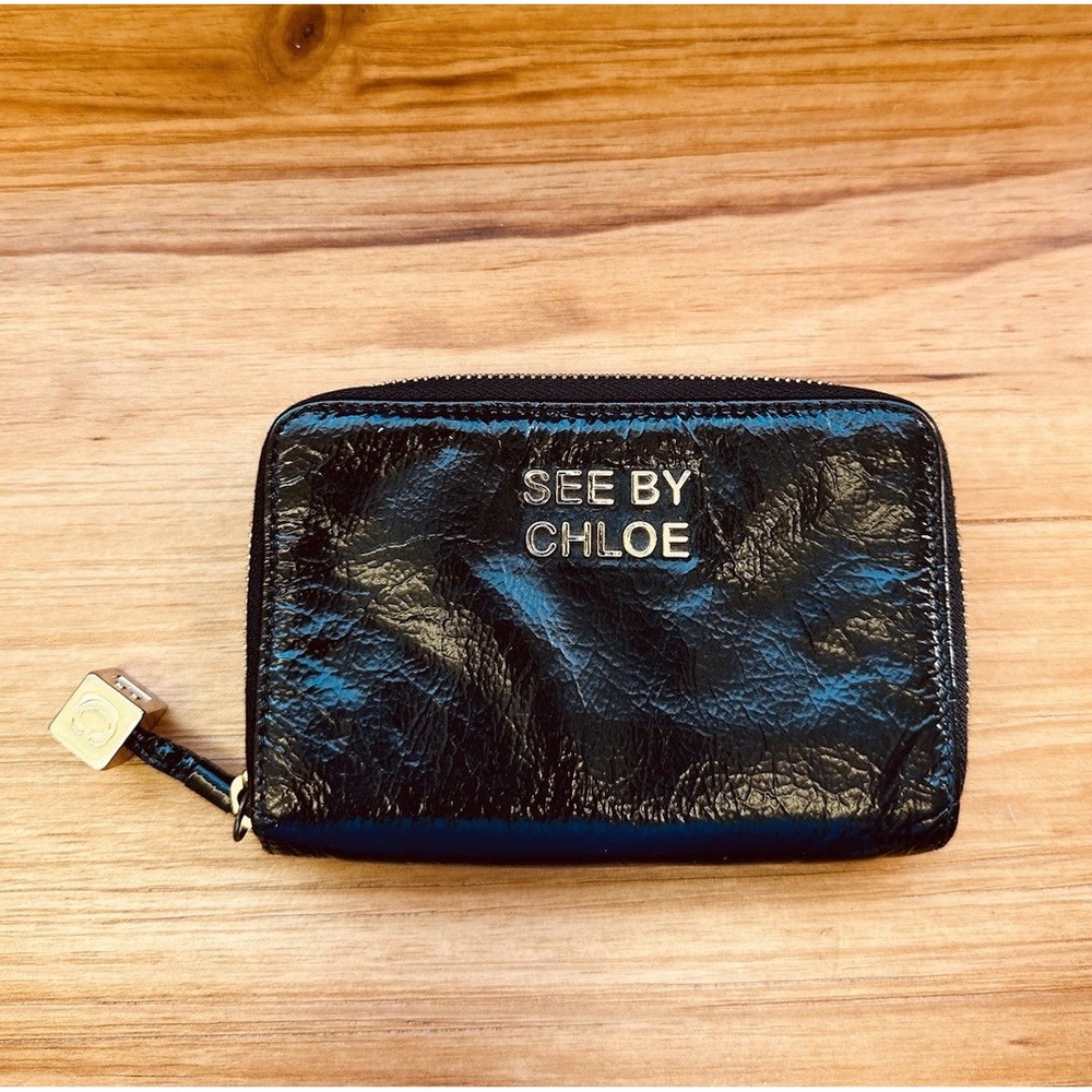 See By Chloe Black Leather Zip Around Compact Wallet 6 Card Holder Snap Closure